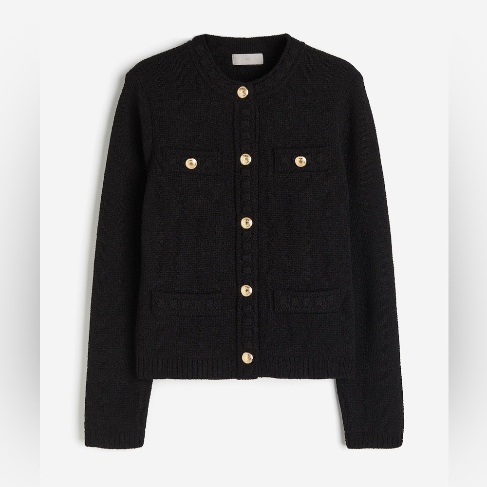 NWT H&M TEXTURED-KNIT CARDIGAN JUMPER Black Cardigan w/Gold Buttons Size Small
